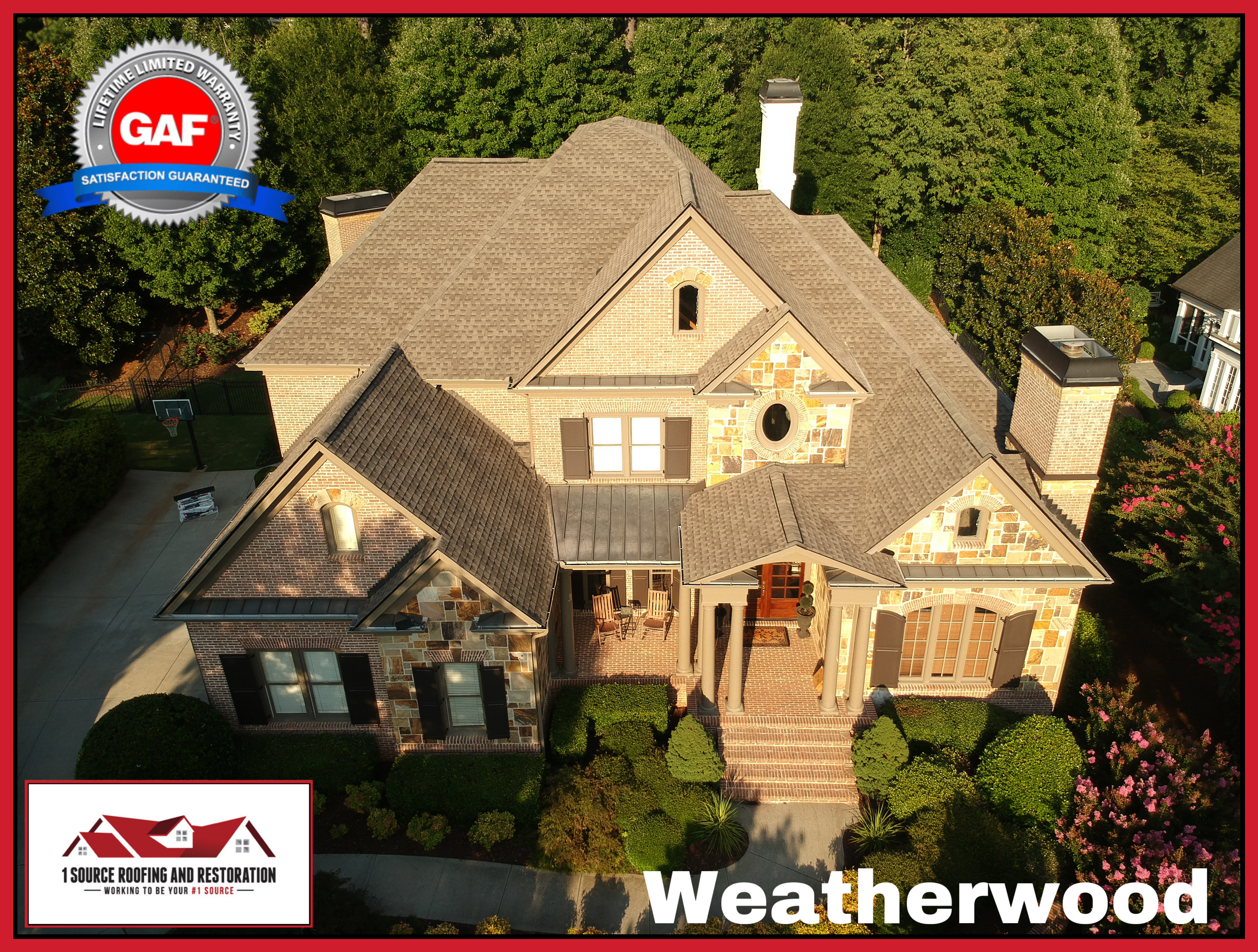 Weatherwood roof with proper flashing integration — drone view